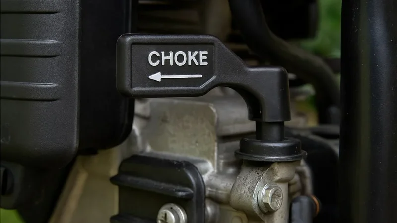 Pressure washer engine carburetor choke lever in run and choke positions