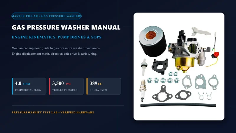 Gas pressure washer engineering manual showing engine displacement, triplex pump mechanics and maintenance components