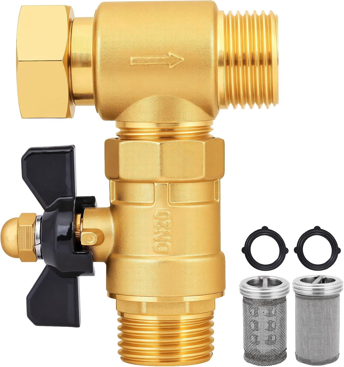 Brass Inline Garden Hose Filter with Ball Valve Drain, 3/4 GHT